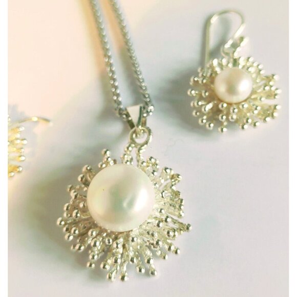 Women's Sterling Silver Jewellery Set Pearl Earrings Pendant Necklace 16"  Italy - Picture 7 of 14